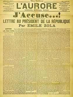 Émile Zolas öppna brev för Dreyfus i dagstidningen L’Aurore den 13 januari 1898